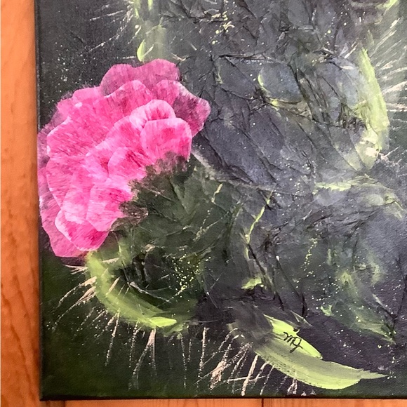 Pink cactus in bloom, acrylic collage painting, 10” x 20” - Picture 6 of 8